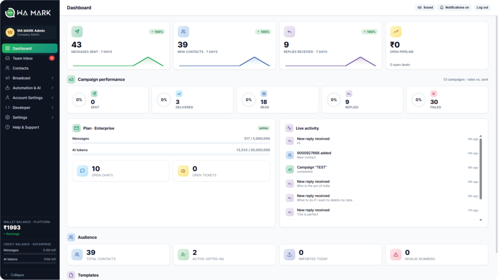 wa mark vs aisensy: WA MARK dashboard